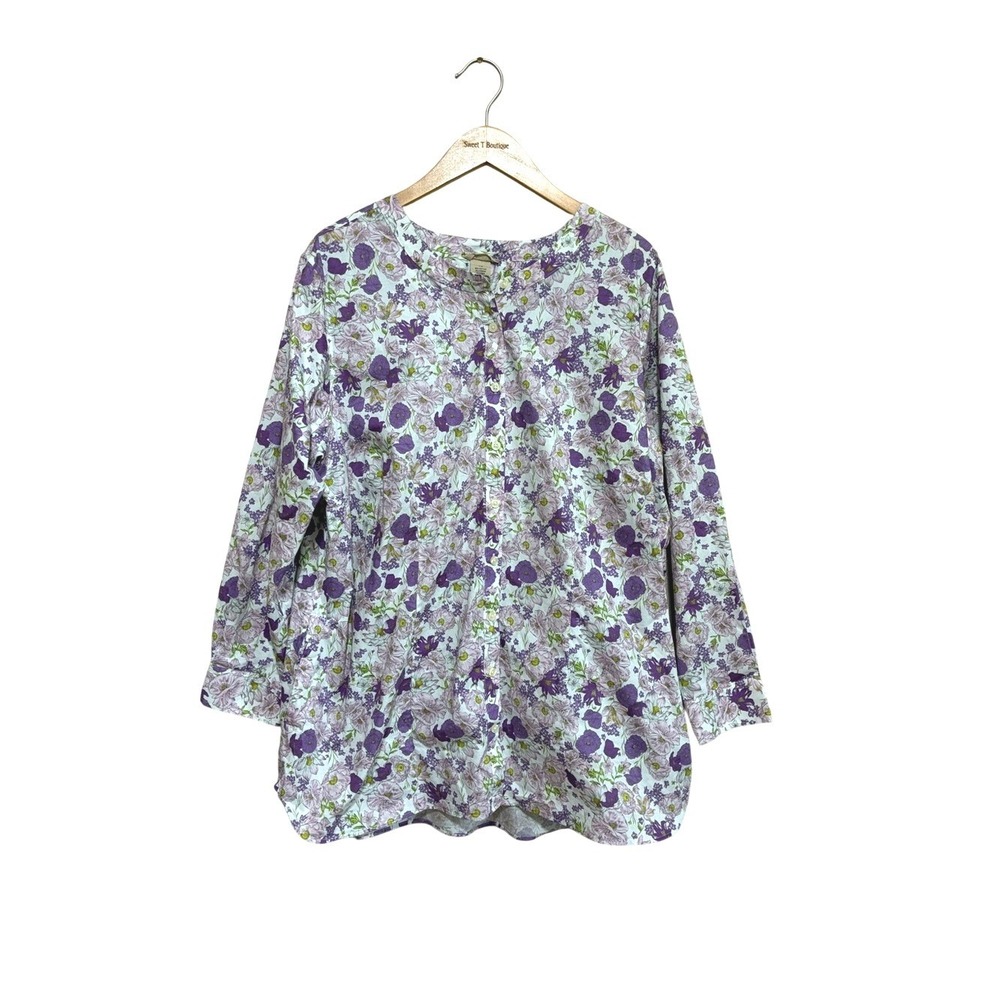 Duluth Trading 1X Purple Floral Print Stretch Cotton Button Up Top Garden Party